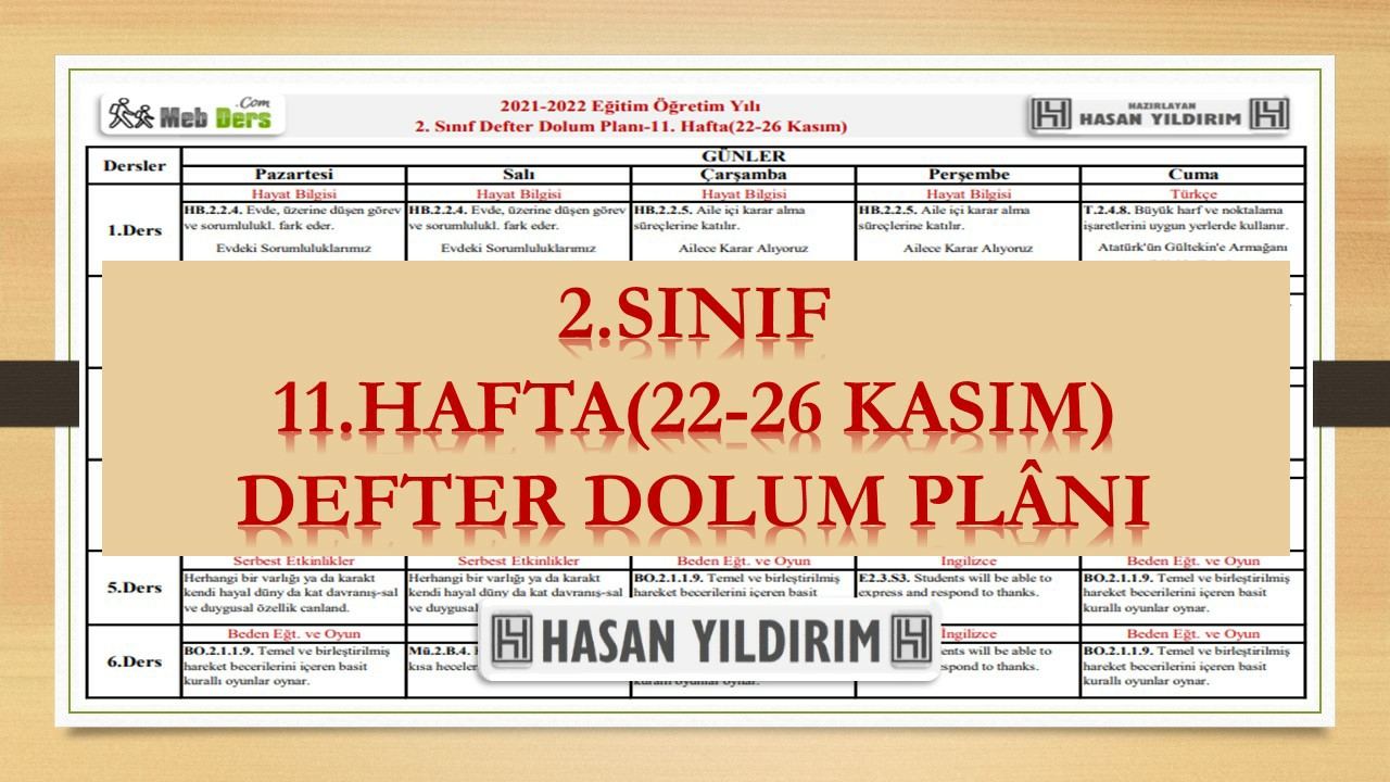 2. Sınıf 11.Hafta(22-26 Kasım) Defter Dolum Planı