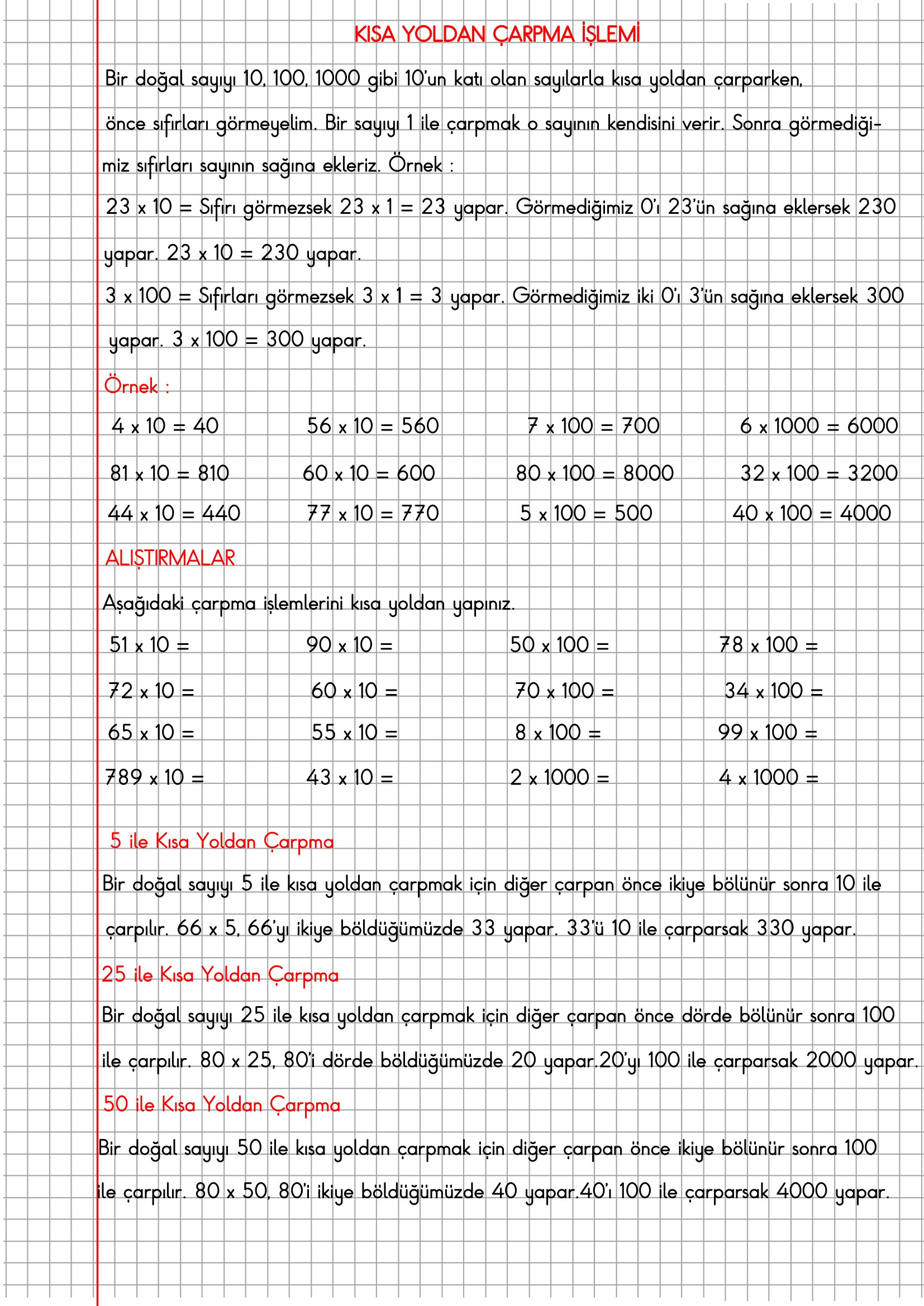 4. Sınıf Matematik Kareli Defterde Kısa Yoldan Çarpma İşlemi Konu Anlatımı