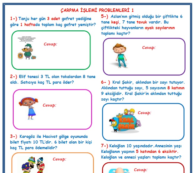 2. Sınıf Matematik Çarpma İşlemi Problemleri 1