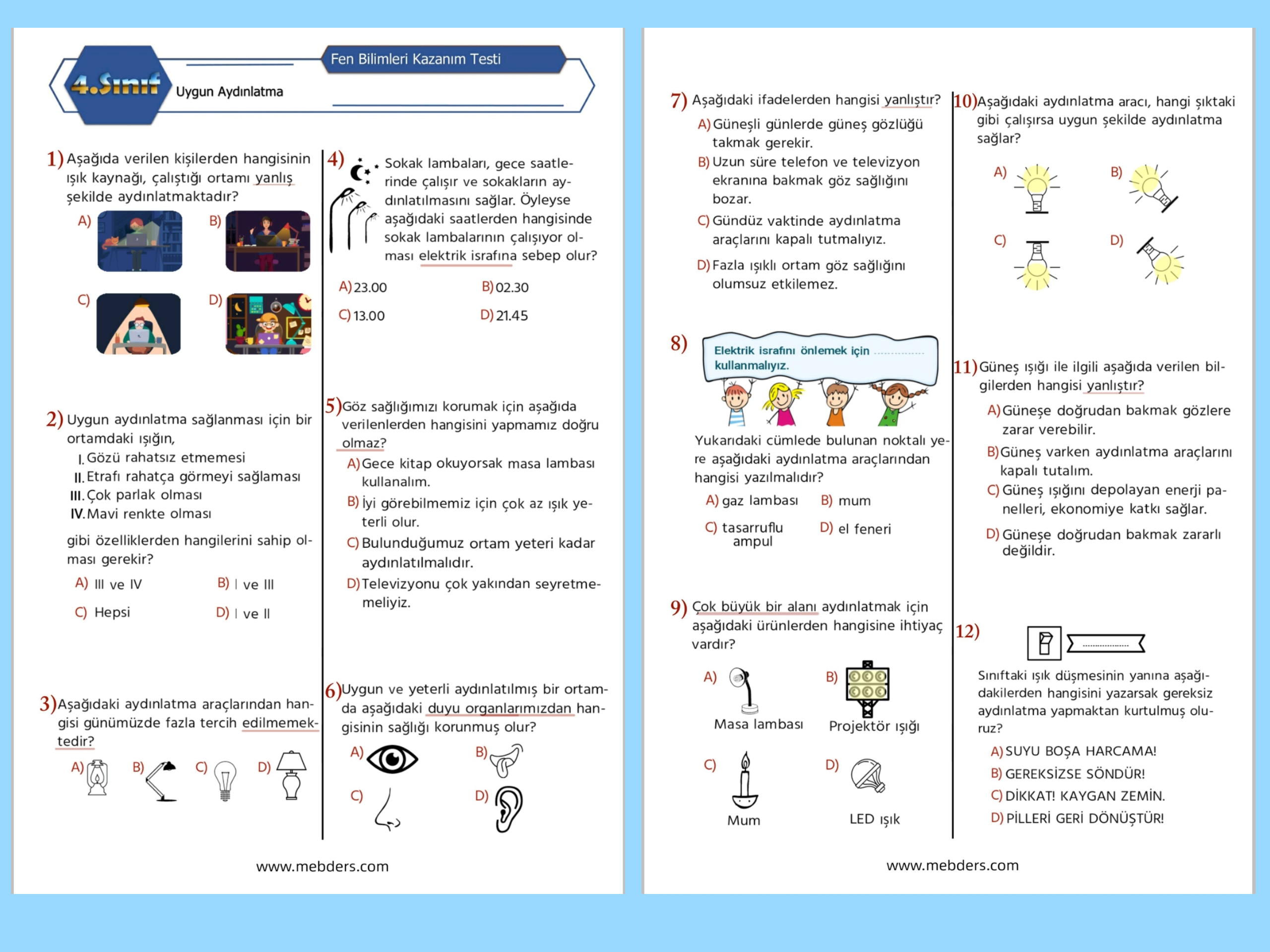 4. Sınıf Fen Bilimleri Uygun Aydınlatma Kazanım Testi