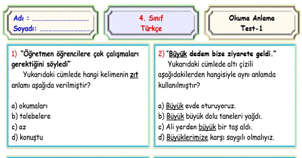 4. Sınıf Türkçe Okuma Anlama Sene Sonu Değerlendirme Testi 1