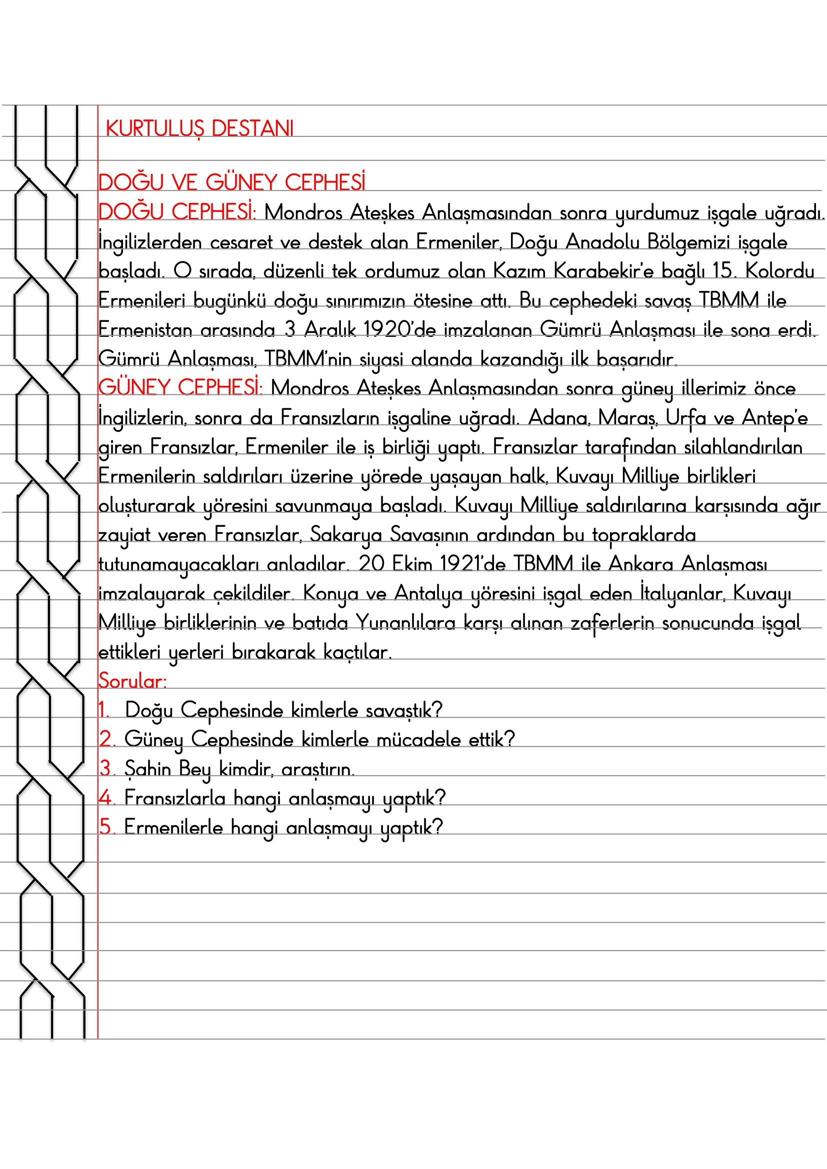 4. Sınıf - Sosyal Bilgiler - Kurtuluş Destanı (Doğu ve Güney Cephesi) Defter Özeti