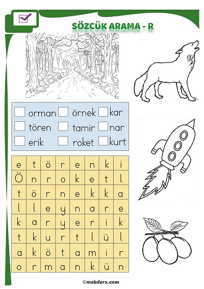 1. Sınıf İlkokuma Boyamalı Sözcük Arama Etkinliği - R Sesi