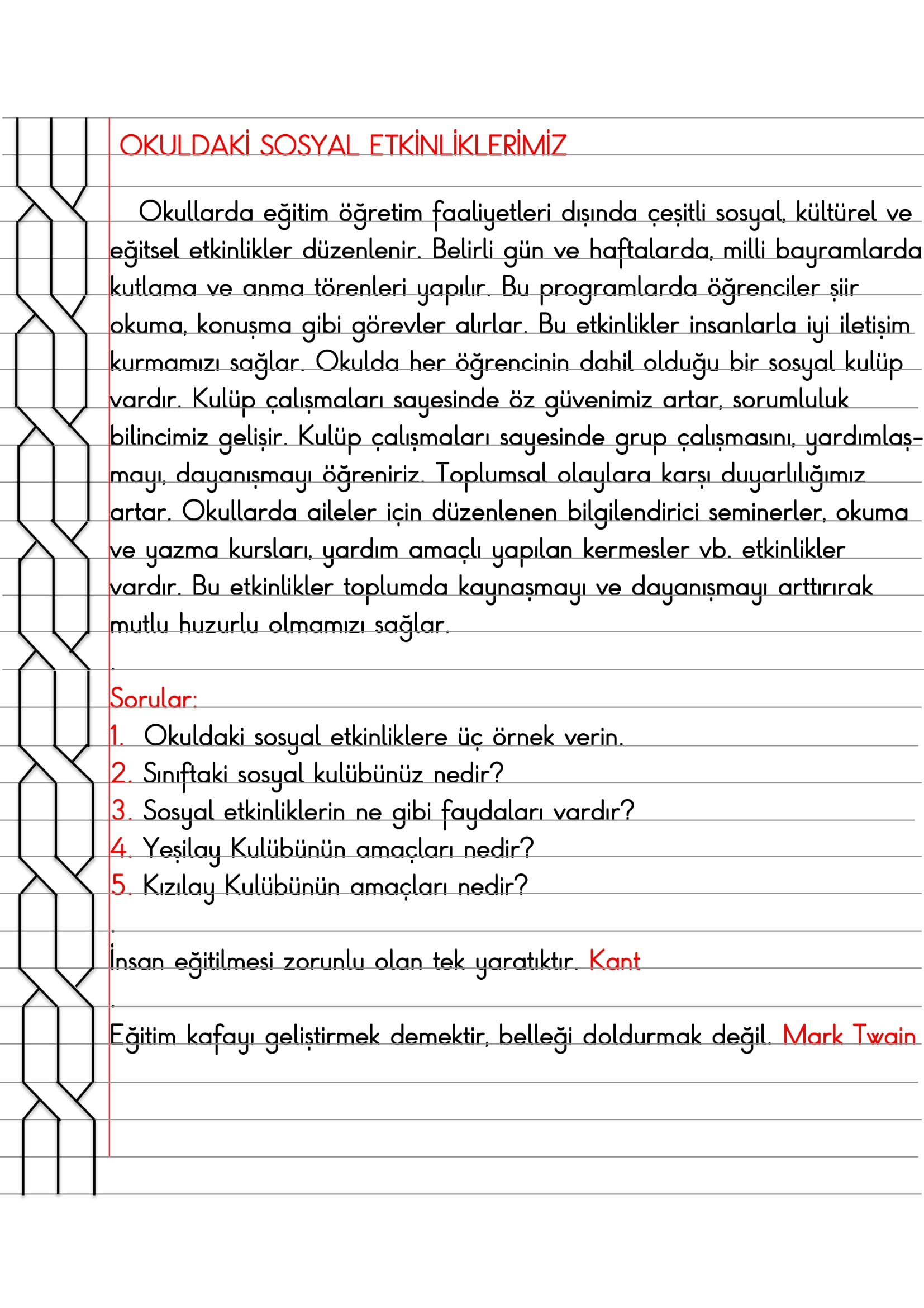 3. Sınıf - Hayat Bilgisi Okuldaki Sosyal Etkinliklerimiz Defter Özeti