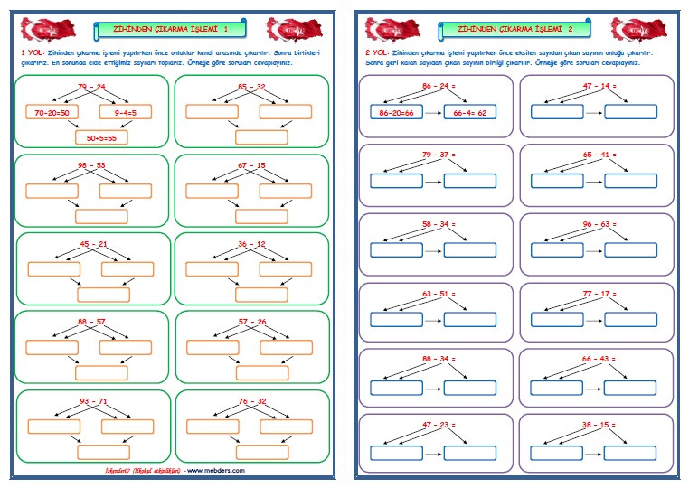 3. Sınıf Matematik Zihinden Çıkarma İşlemi  (2 sayfa)