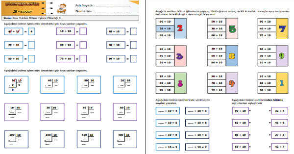 3. Sınıf Matematik Kısa Yoldan Bölme İşlemi Etkinliği 3