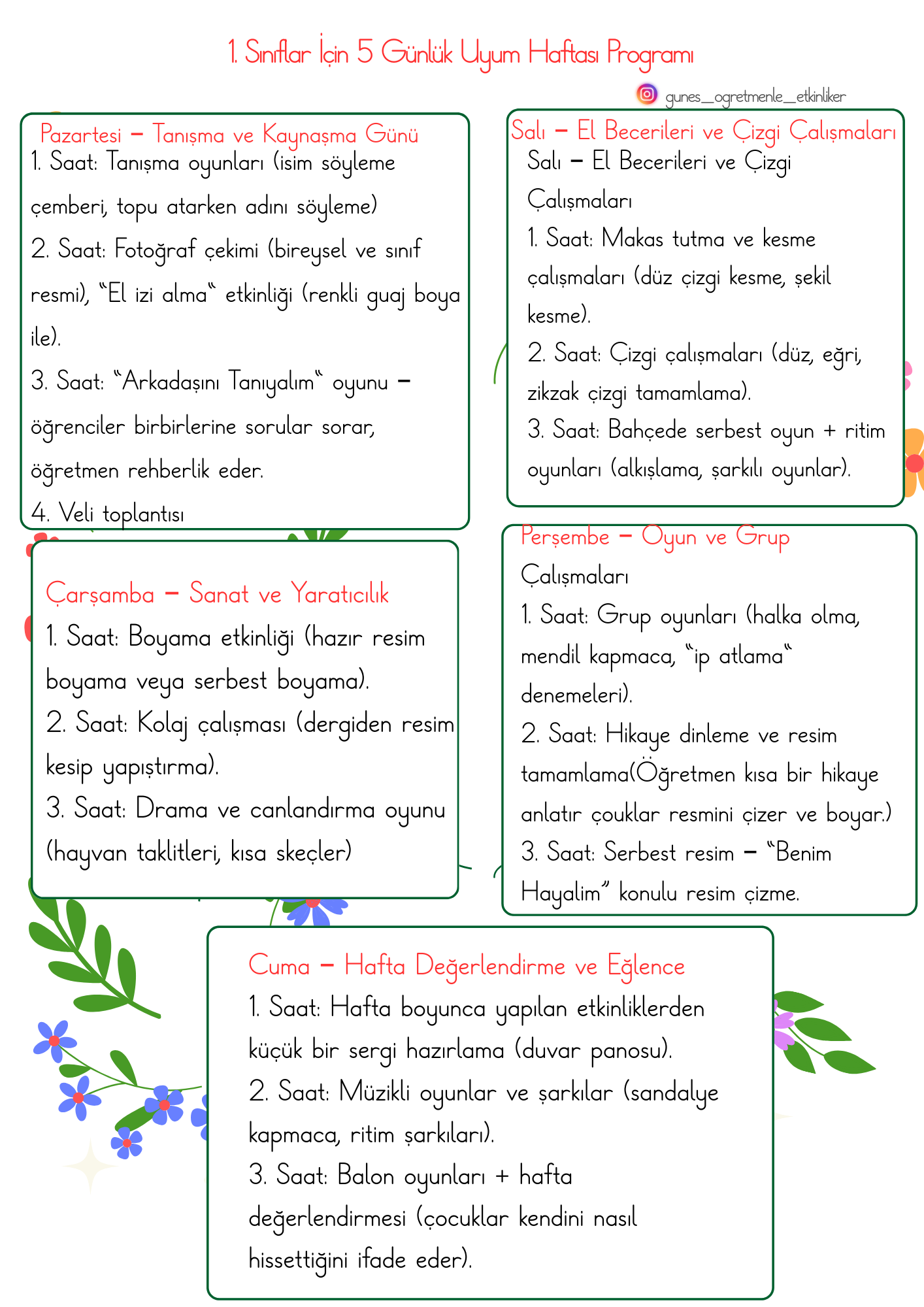 1. Sınıf Uyum Haftası Programı