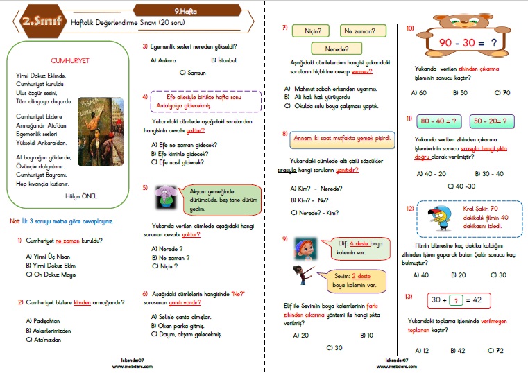 2. Sınıf Haftalık Değerlendirme Testi - 9.Hafta (07-11 Kasım)