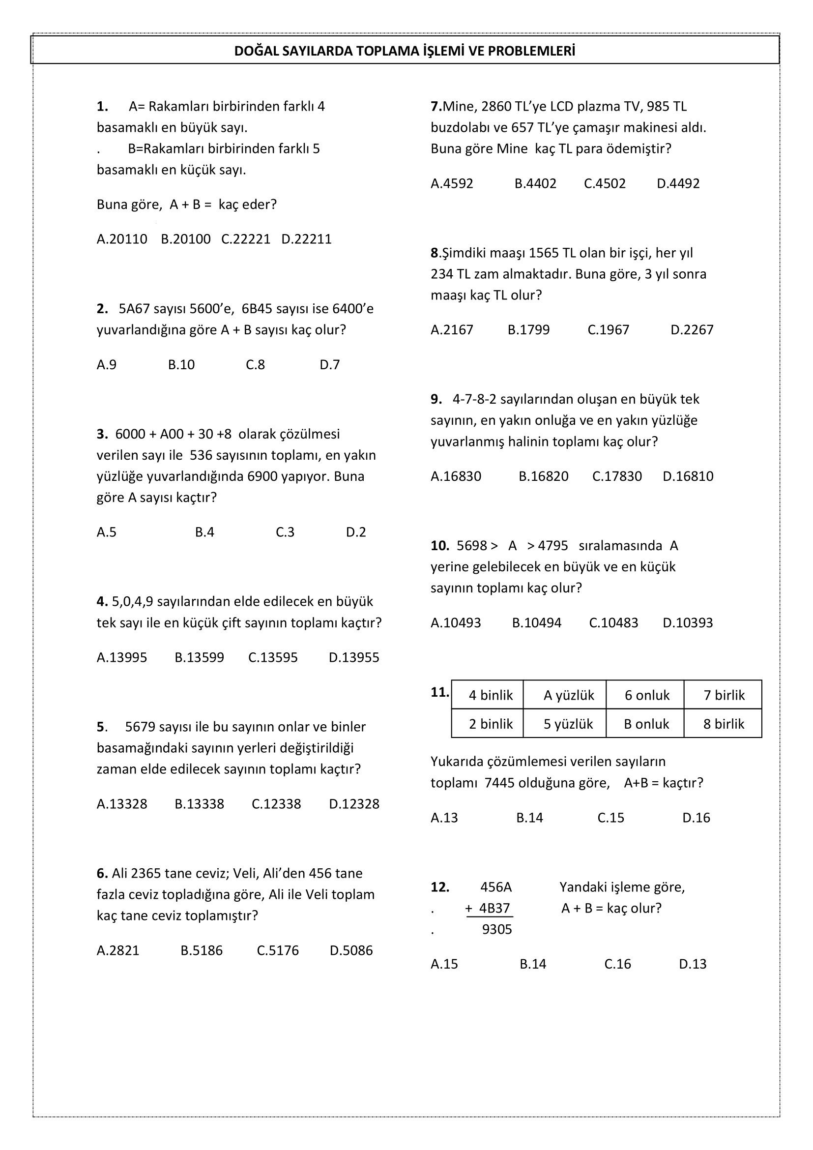 4. Sınıf Matematik Toplama Problemleri 7