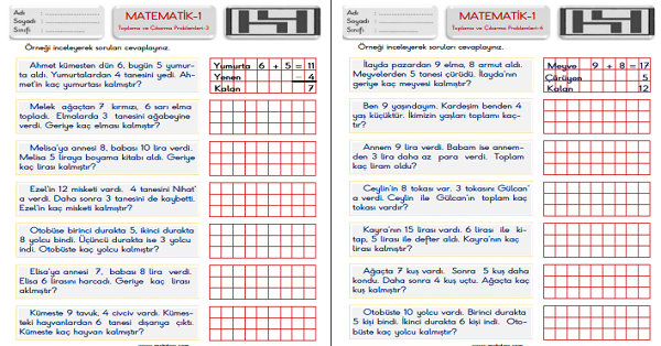 1. Sınıf Matematik Toplama ve Çıkarma İşlemi Gerektiren Problemler