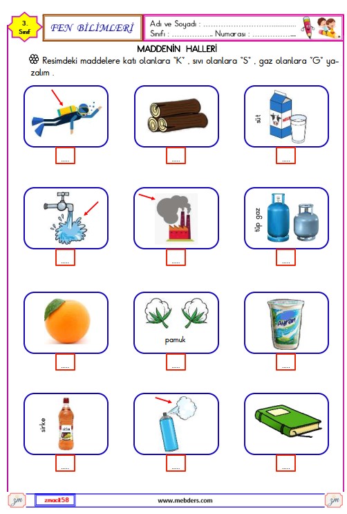 3. Sınıf Fen Bilimleri Maddenin Halleri Etkinliği 1