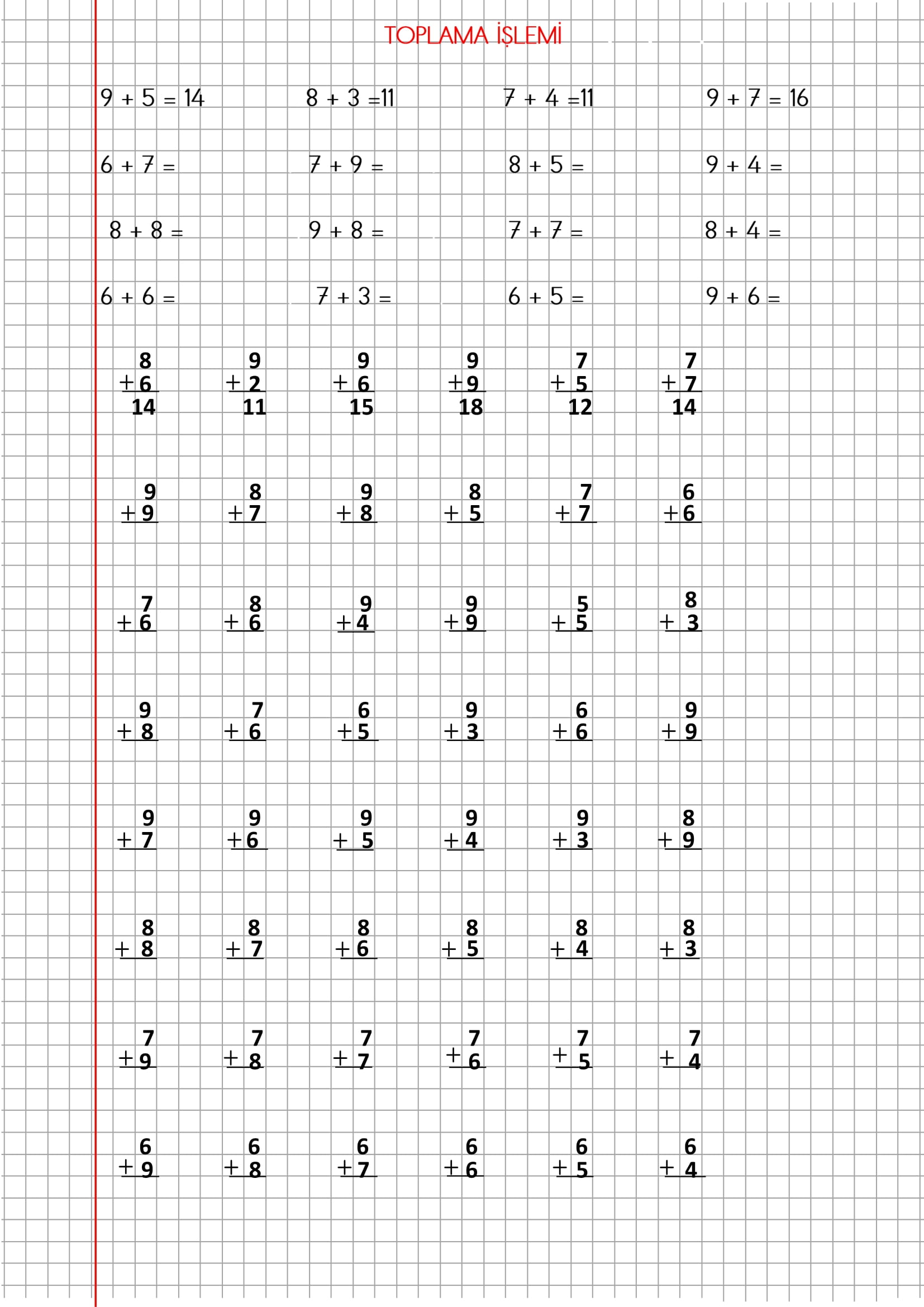 1. Sınıf Matematik Kareli Defterde Toplama İşlemi Etkinliği
