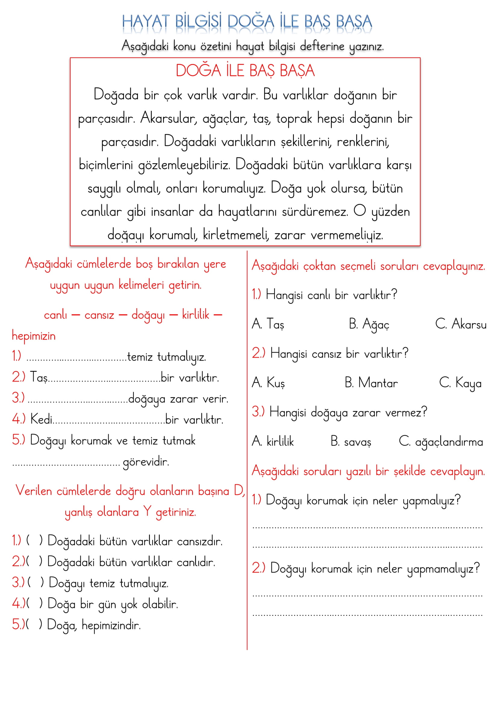 1. Sınıf Hayat Bilgisi Doğa İle Baş Başa Etkinliği
