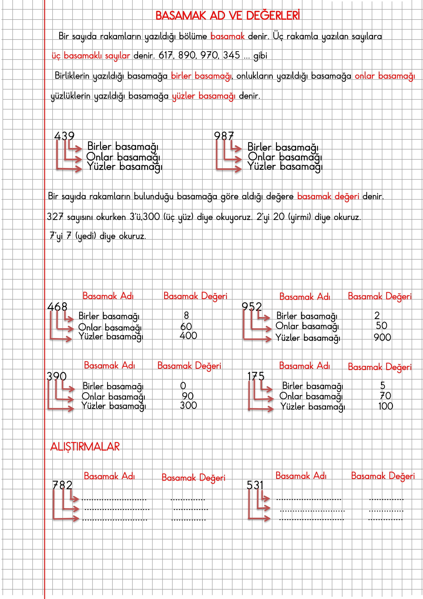 3. Sınıf Matematik Kareli Defterde Basamak Ad ve Değerleri Konu Anlatımı