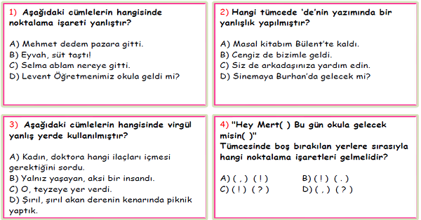 4. Sınıf Türkçe Noktalama İşaretleri ve Yazım Yanlışları Test-6