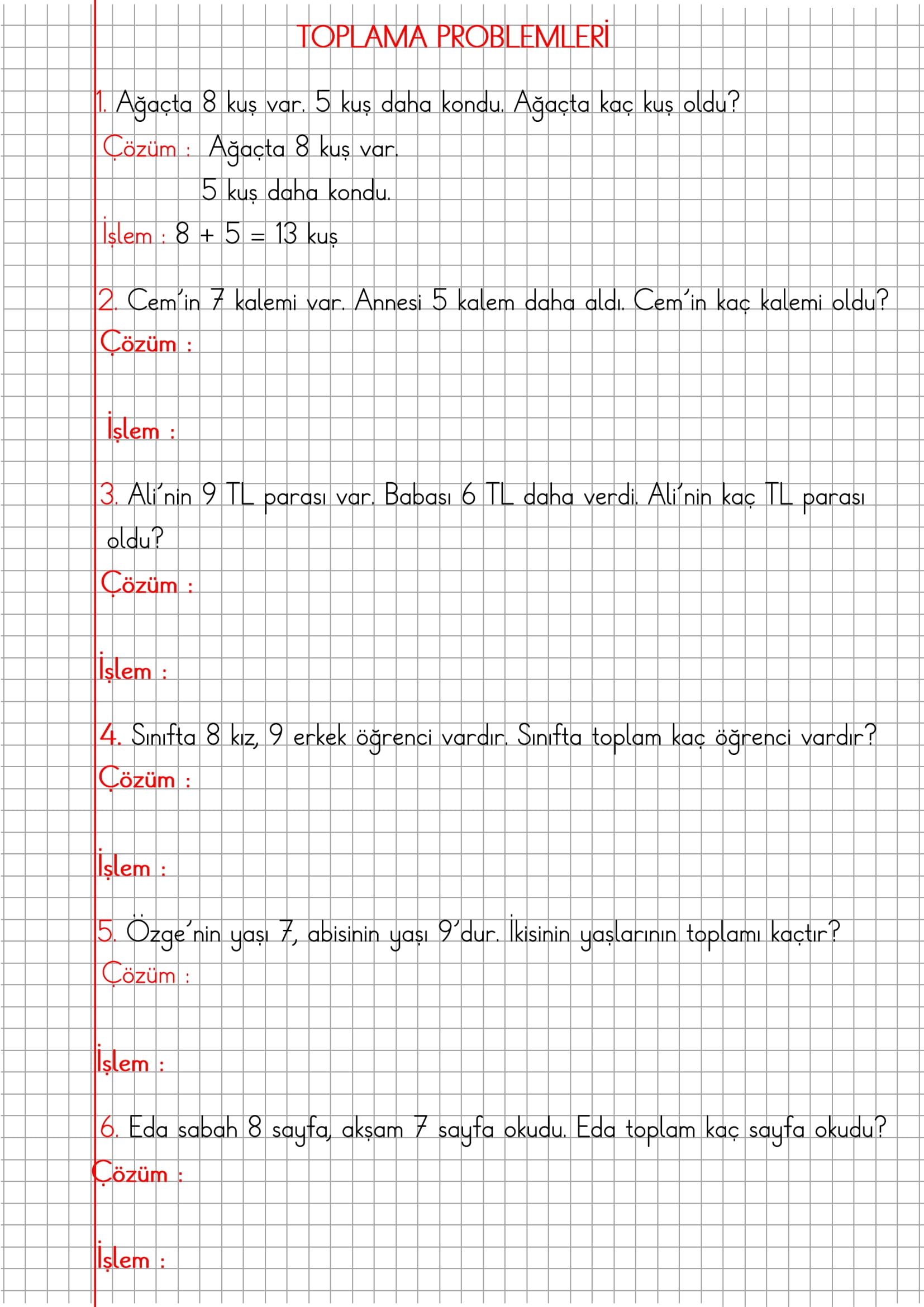 1. Sınıf Matematik Kareli Defterde Toplama Problemlerii