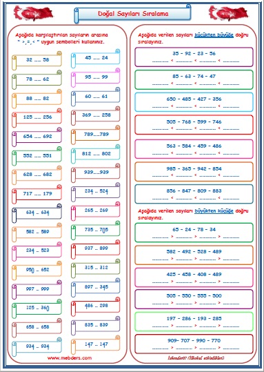 3. Sınıf Matematik Doğal Sayıları Sıralama