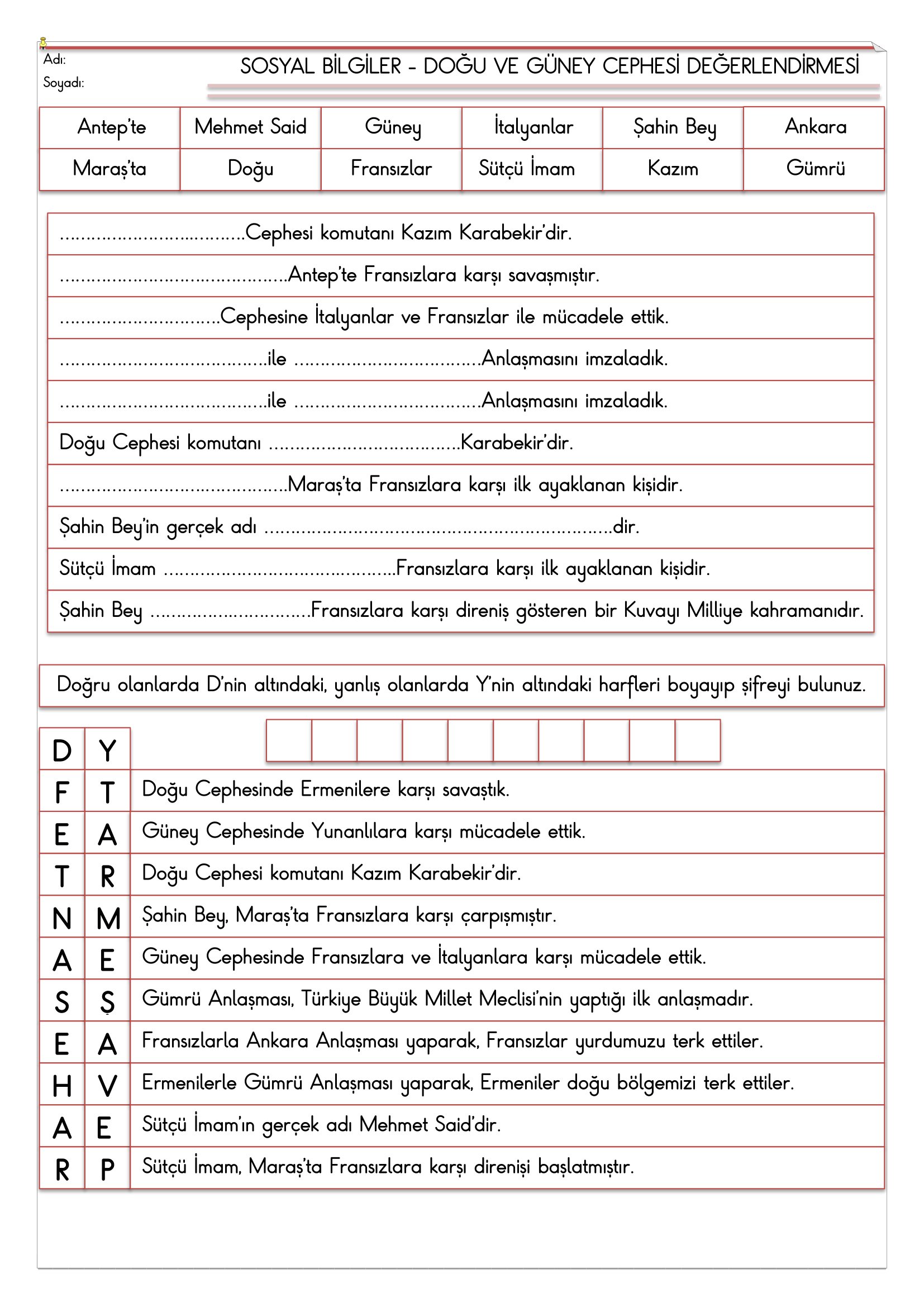 4. Sınıf - Sosyal Bilgiler Kurtuluş Destanı Değerlendirmesi-3
