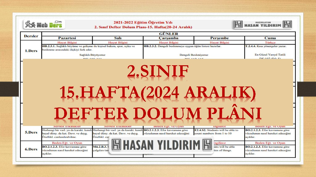 2. Sınıf 15.Hafta(20-24 Aralık) Defter Dolum Planı