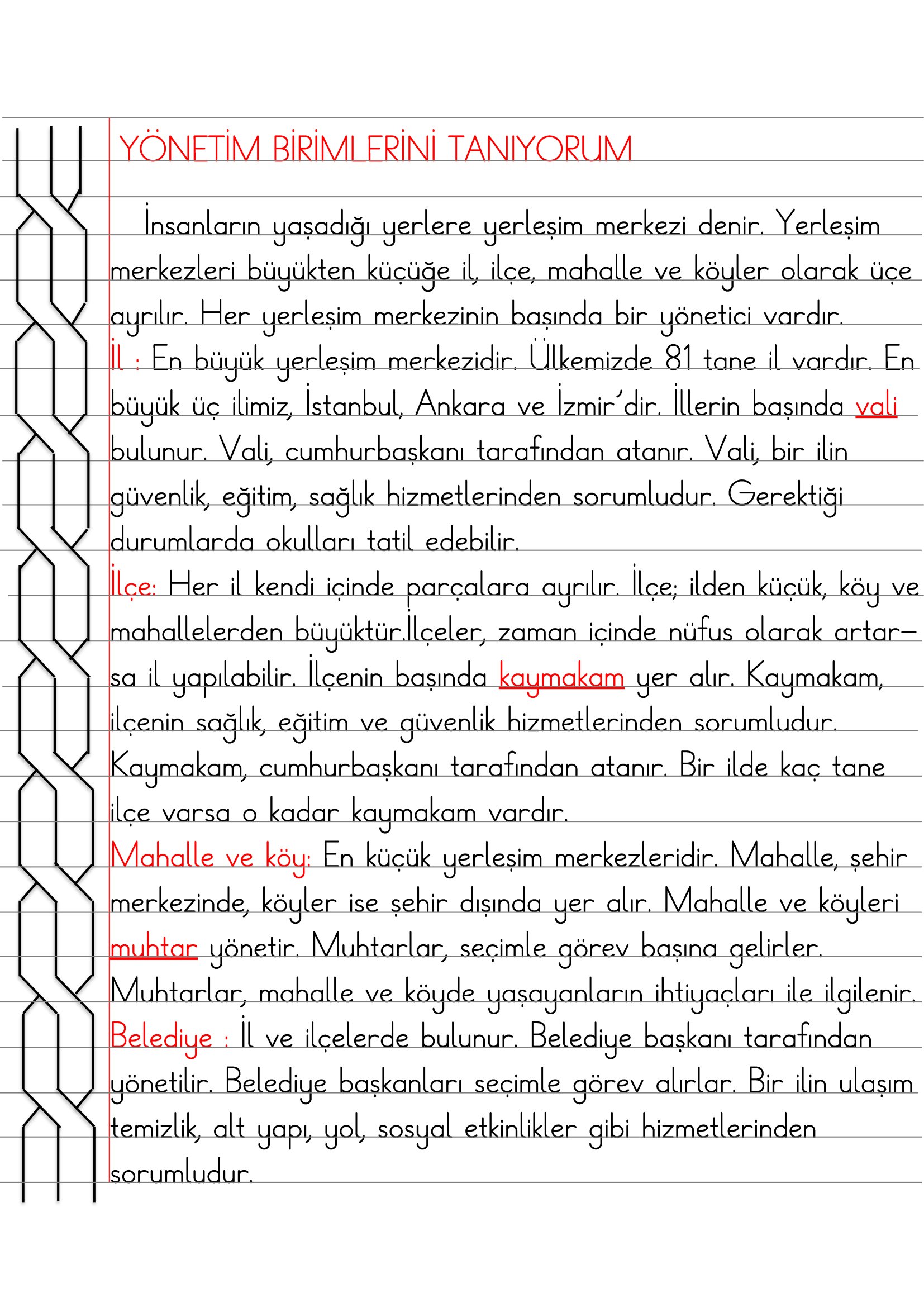 2. Sınıf - Hayat Bilgisi Yönetim Birimlerini Tanıyorum Defter Özeti