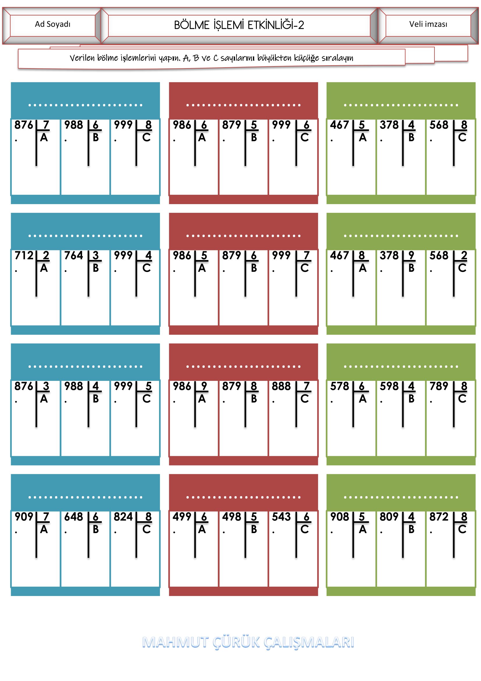 4. Sınıf Matematik Bölme İşlemi Etkinliği-2