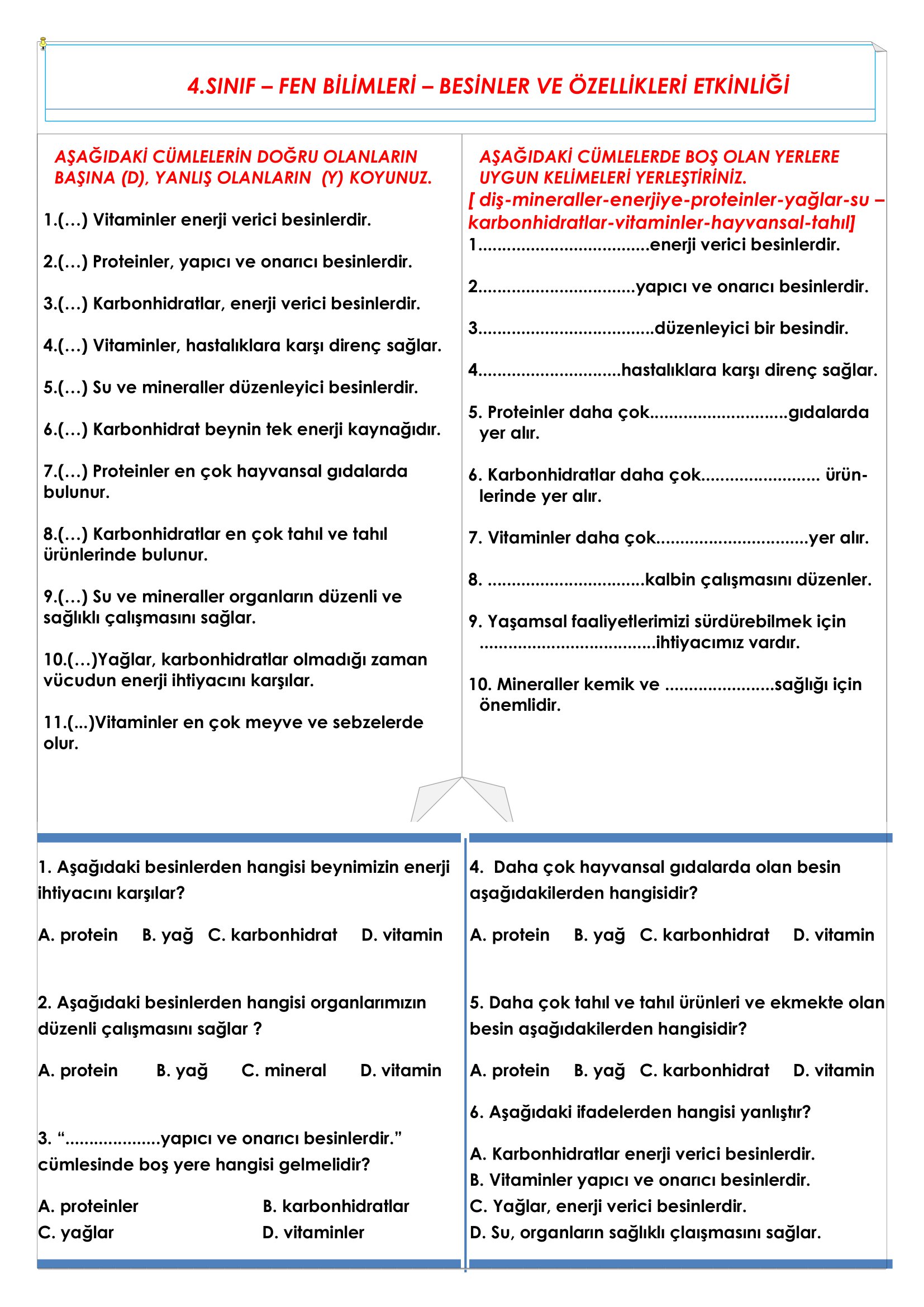 4. Sınıf Fen Bilimleri Besinler ve Özellikleri Etkinliği