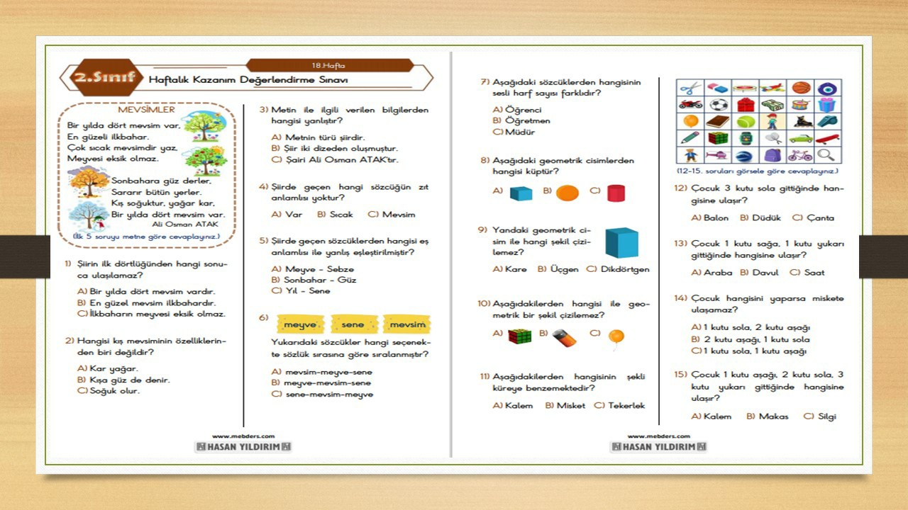 2. Sınıf Haftalık Değerlendirme Testi-18.Hafta(15-19 Şubat)