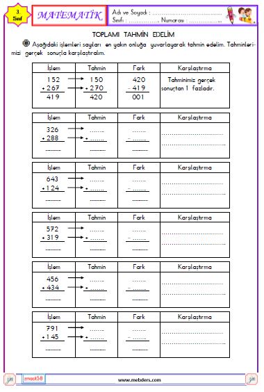 3. Sınıf Matematik Toplamı Tahmin Edelim Etkinliği 1