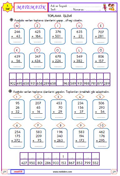 3. Sınıf Matematik Toplama İşlemi Etkinliği 1