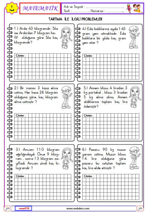3. Sınıf Matematik Tartma ile İlgili Problemler Etkinliği 1