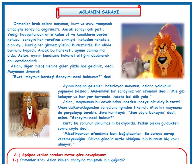 2. Sınıf Türkçe Aslanın Sarayı Okuma Anlama Metin Çalışması