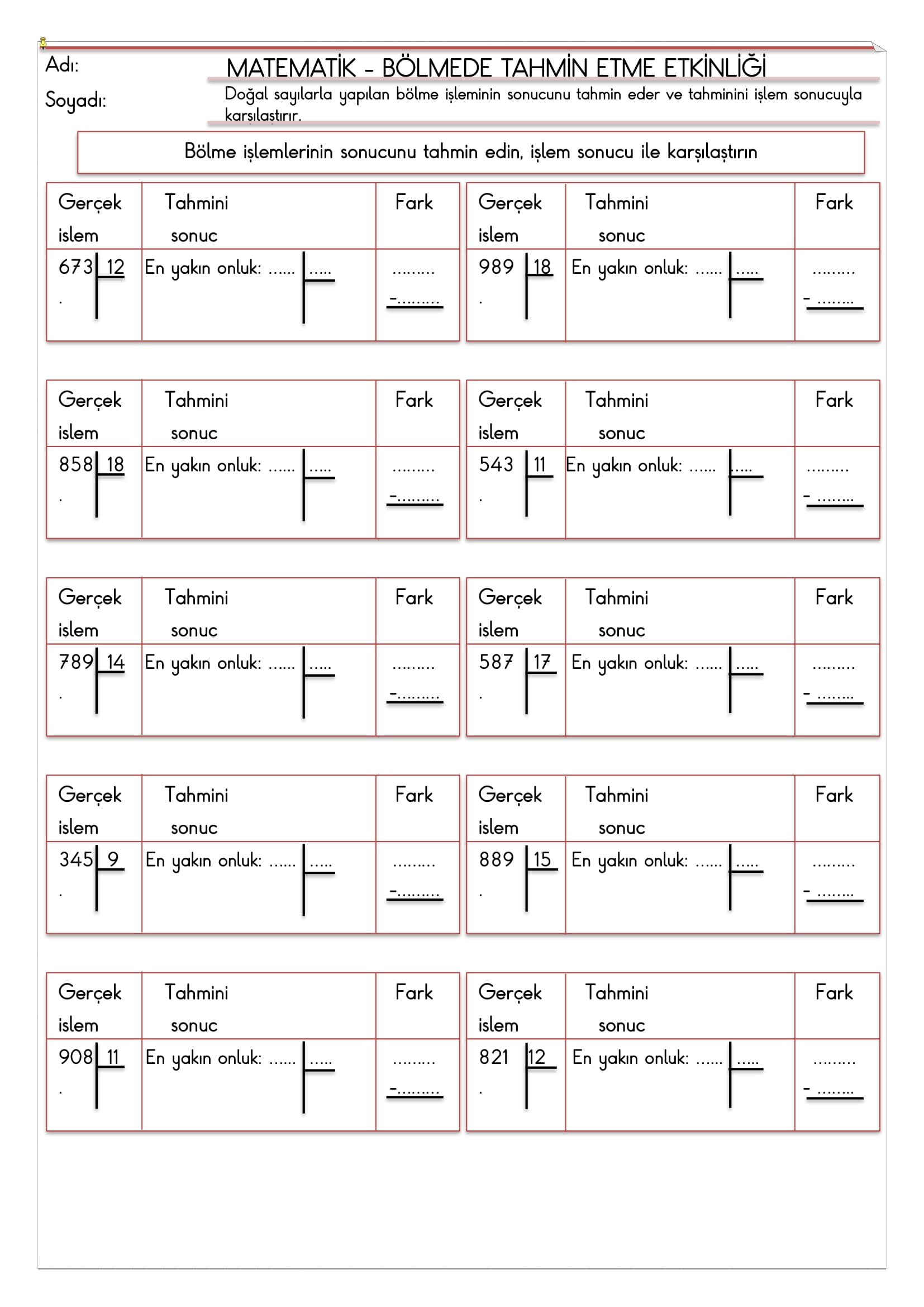 4. Sınıf Matematik Bölmede Tahmin Etme Etkinliği