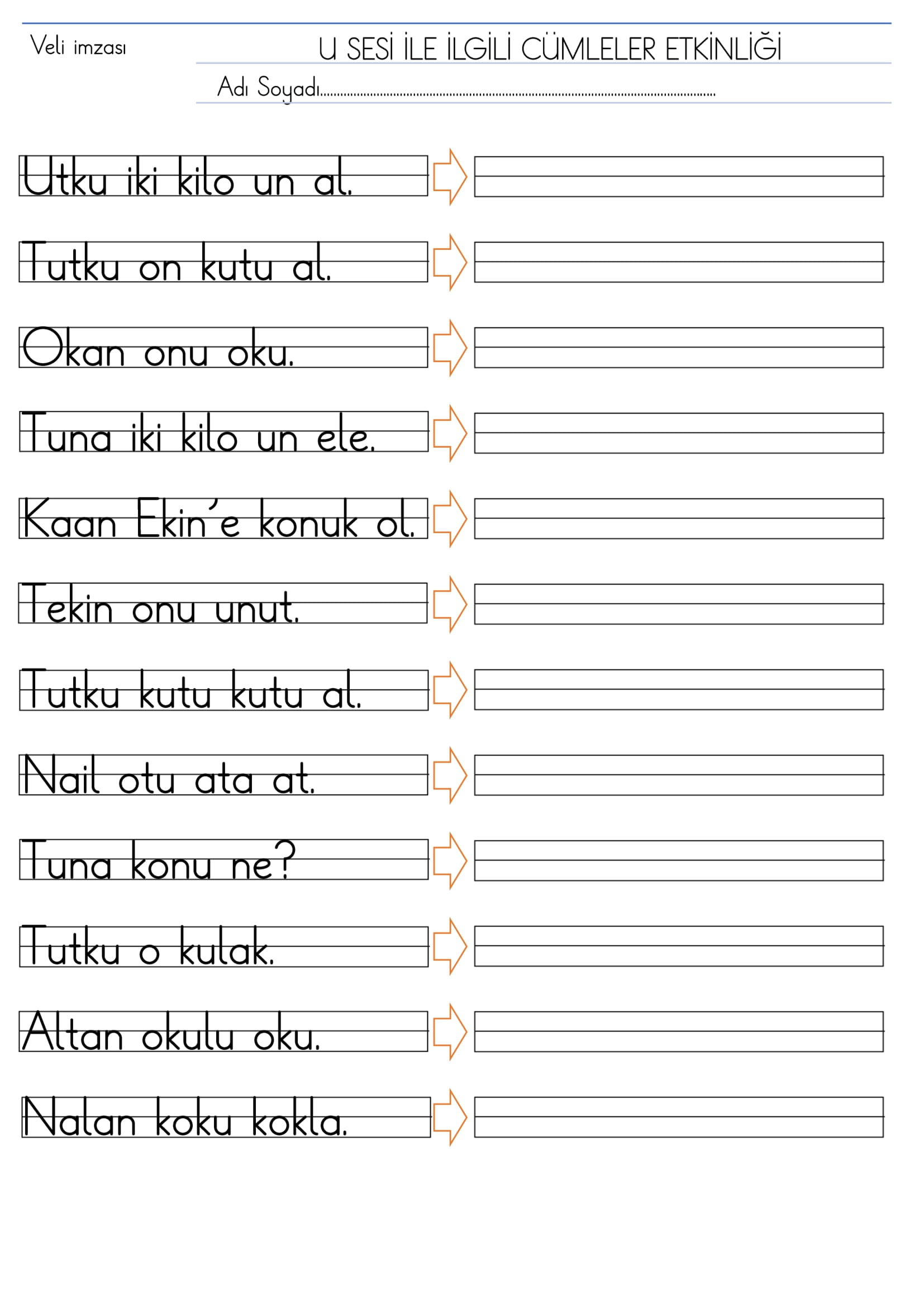 1. Sınıf İlk Okuma Yazma U Sesi Cümleler Etkinliği