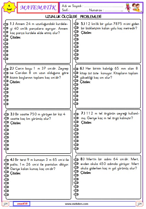 4. Sınıf Matematik Uzunluk Ölçme Problemleri Etkinliği 13