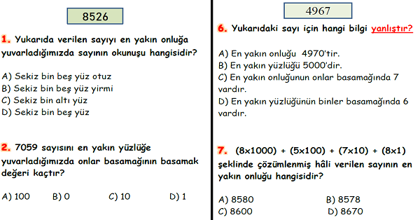4. Sınıf Matematik Doğal Sayılarda Yuvarlama Yaprak Test