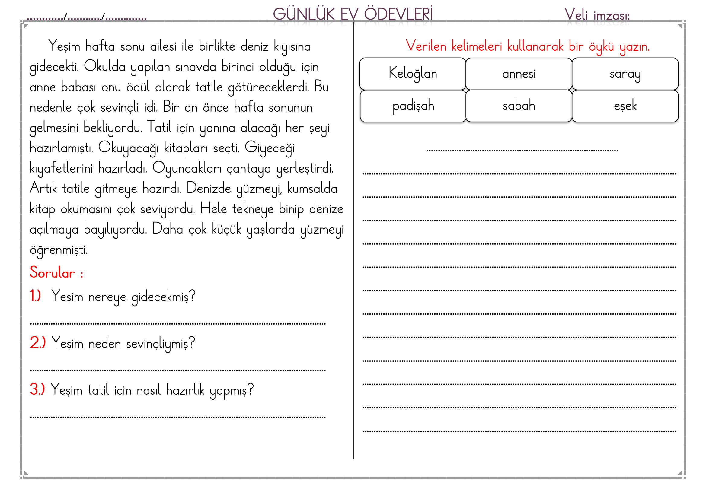 1. Sınıf - 09 Mart 2026 Günlük Ev Ödevleri