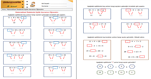 2. Sınıf Matematik Matematiksel İfadelerde Eşitlik Kavramını Öğrenelim Etkinliği