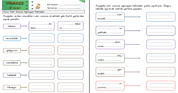 3. Sınıf Türkçe Satır Sonuna Sığmayan Kelimeler Etkinlikleri