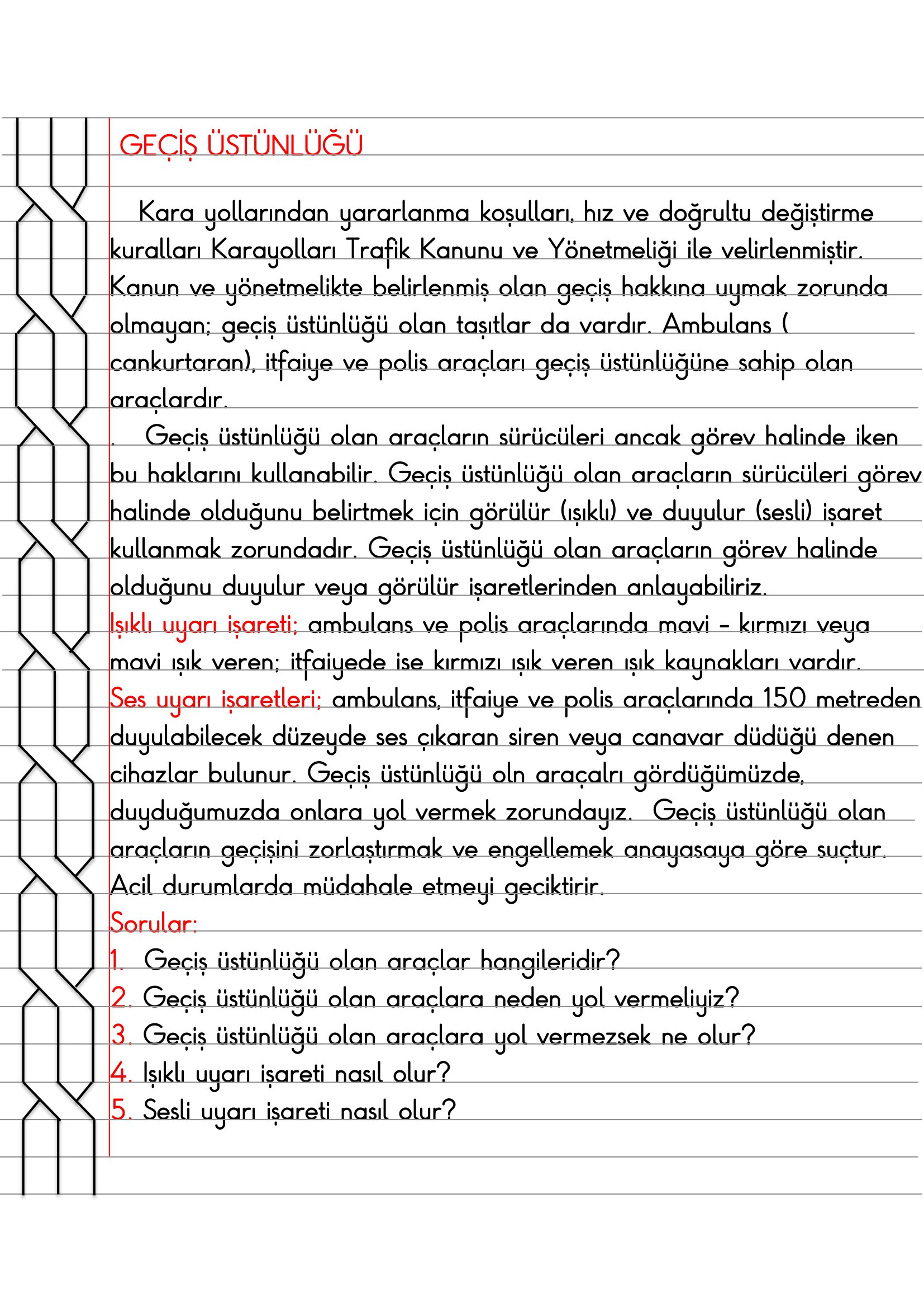 4. Sınıf Trafik Güvenliği Geçiş Üstünlüğü Defter Özeti