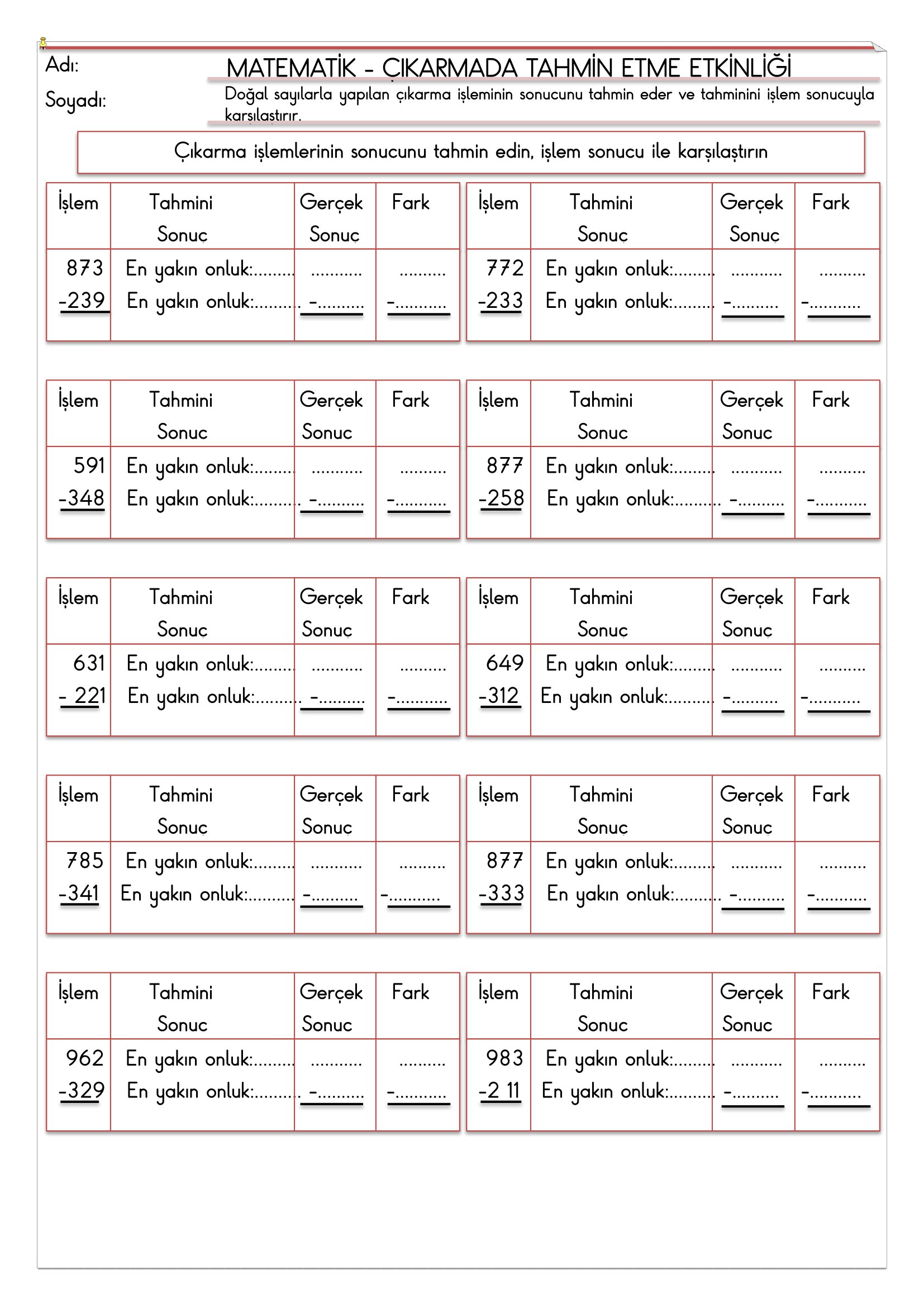 4. Sınıf - Matematik - Çıkarmada Tahmin Etme Etkinliği