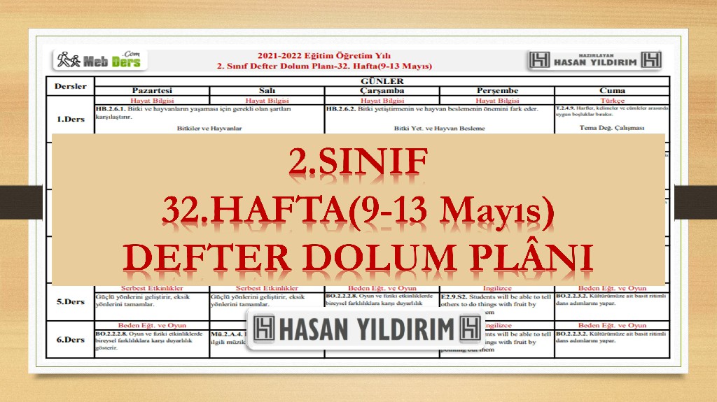 2. Sınıf 32.Hafta(9-13 Mayıs) Defter Dolum Planı