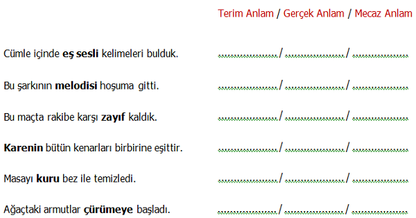 4. Sınıf Türkçe Gerçek Mecaz ve Terim Anlamlı Sözcükler Etkinliği 4