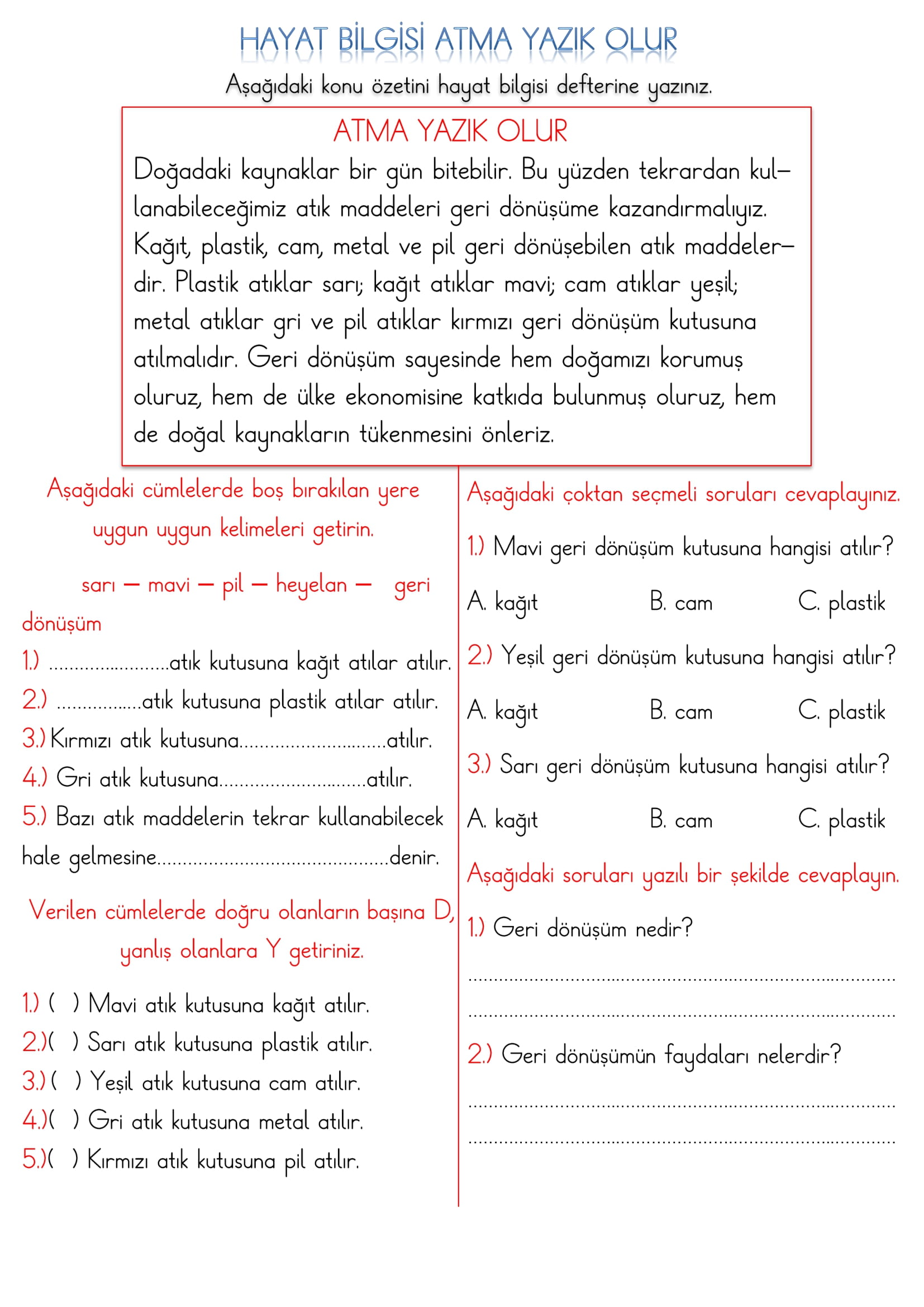 1. Sınıf Hayat Bilgisi Atma, Yazık Olur Etkinliği