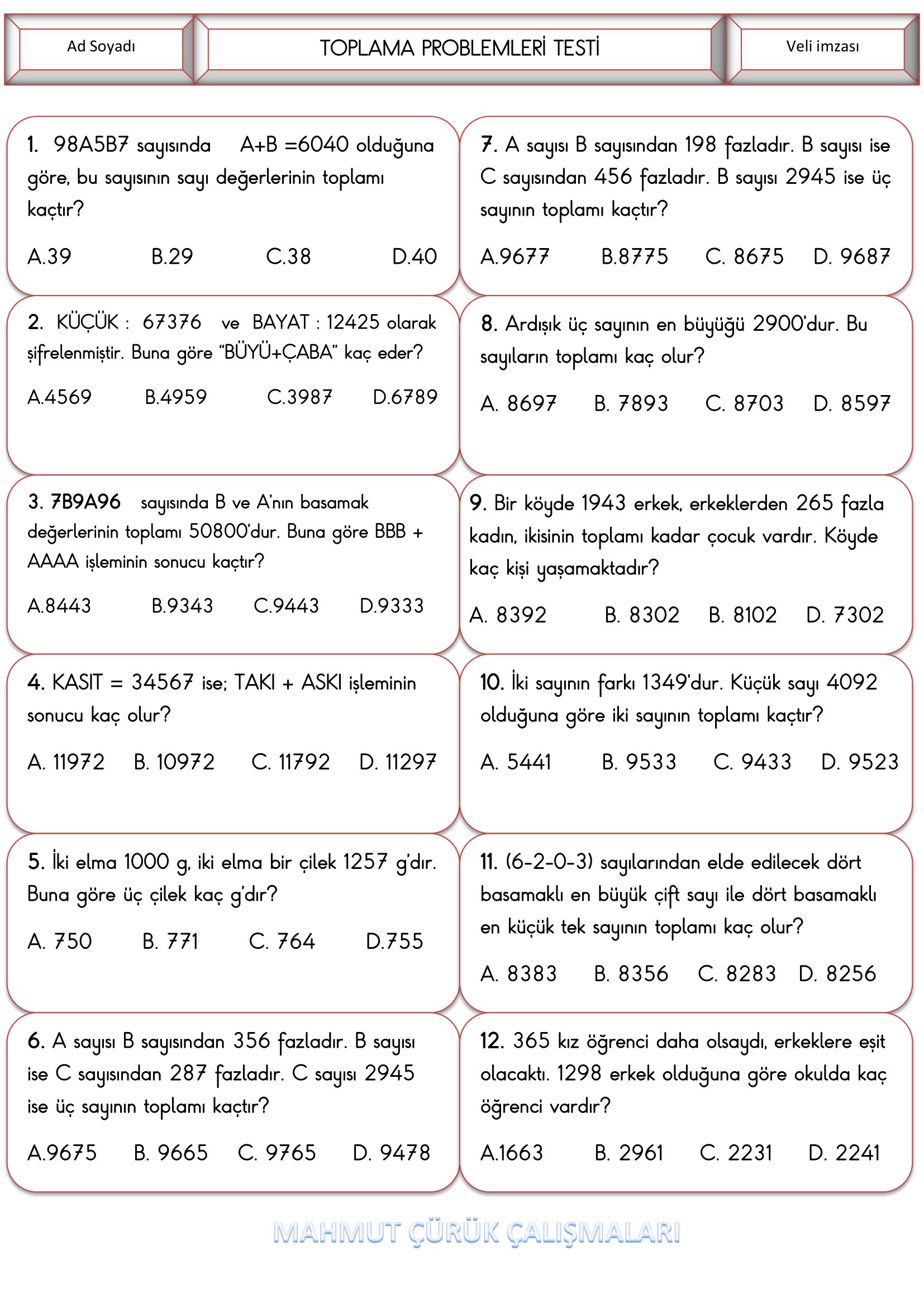 4. Sınıf - Matematik Toplama Problemleri-4