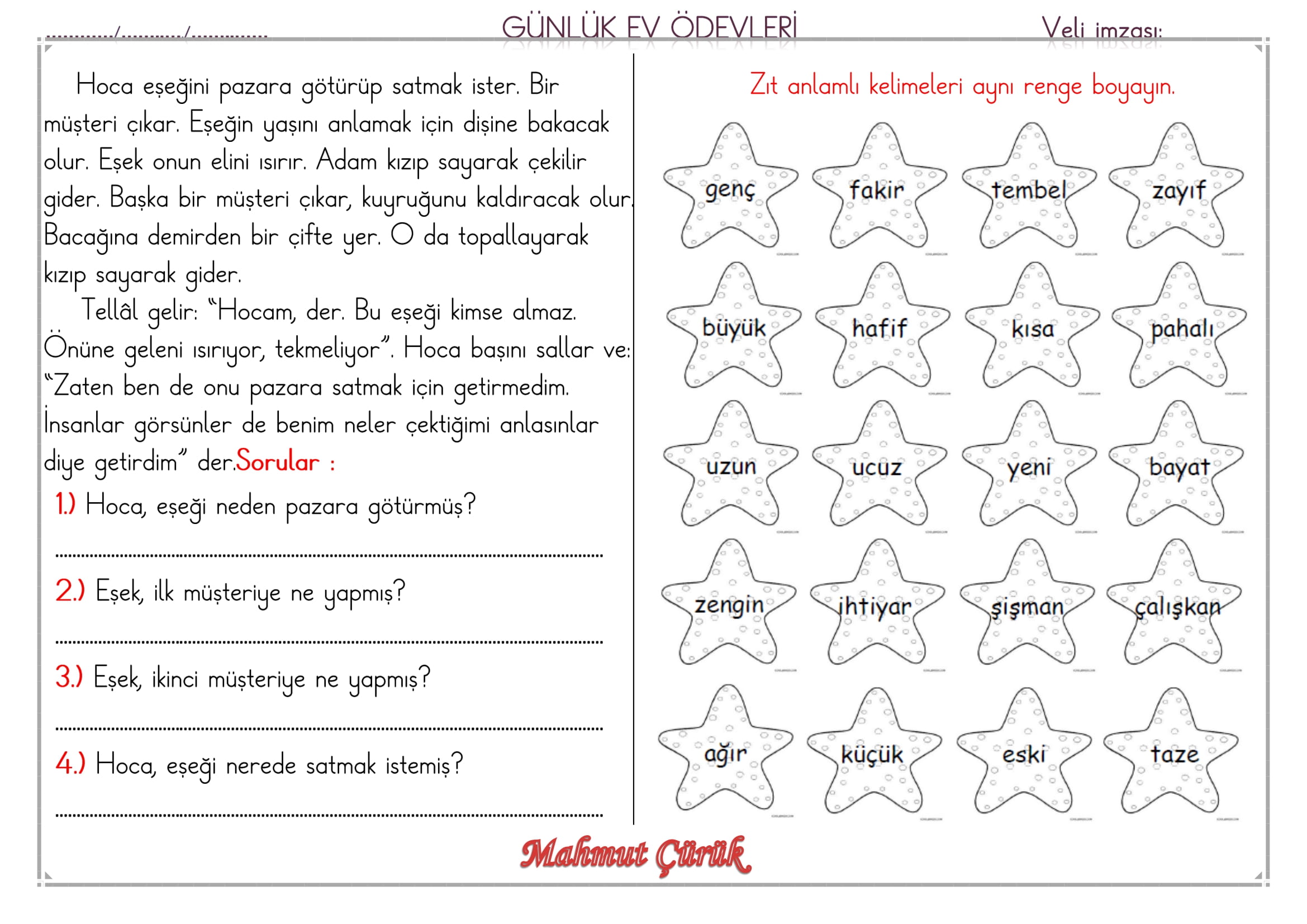 1. Sınıf 21 Mayıs 2025 Günlük Ev Ödevi