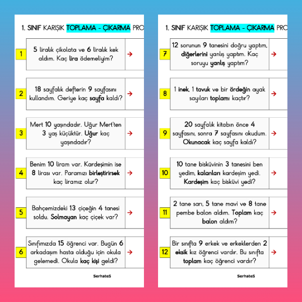 1. Sınıf Matematik - Karışık Toplama-Çıkarma Problemleri Etkinliği - 6