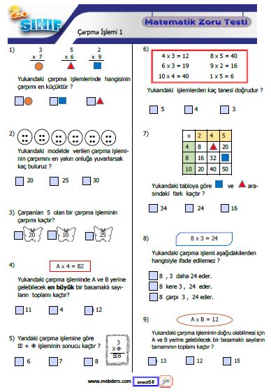 2. Sınıf Matematik  Çarpma İşlemi  Testi 1