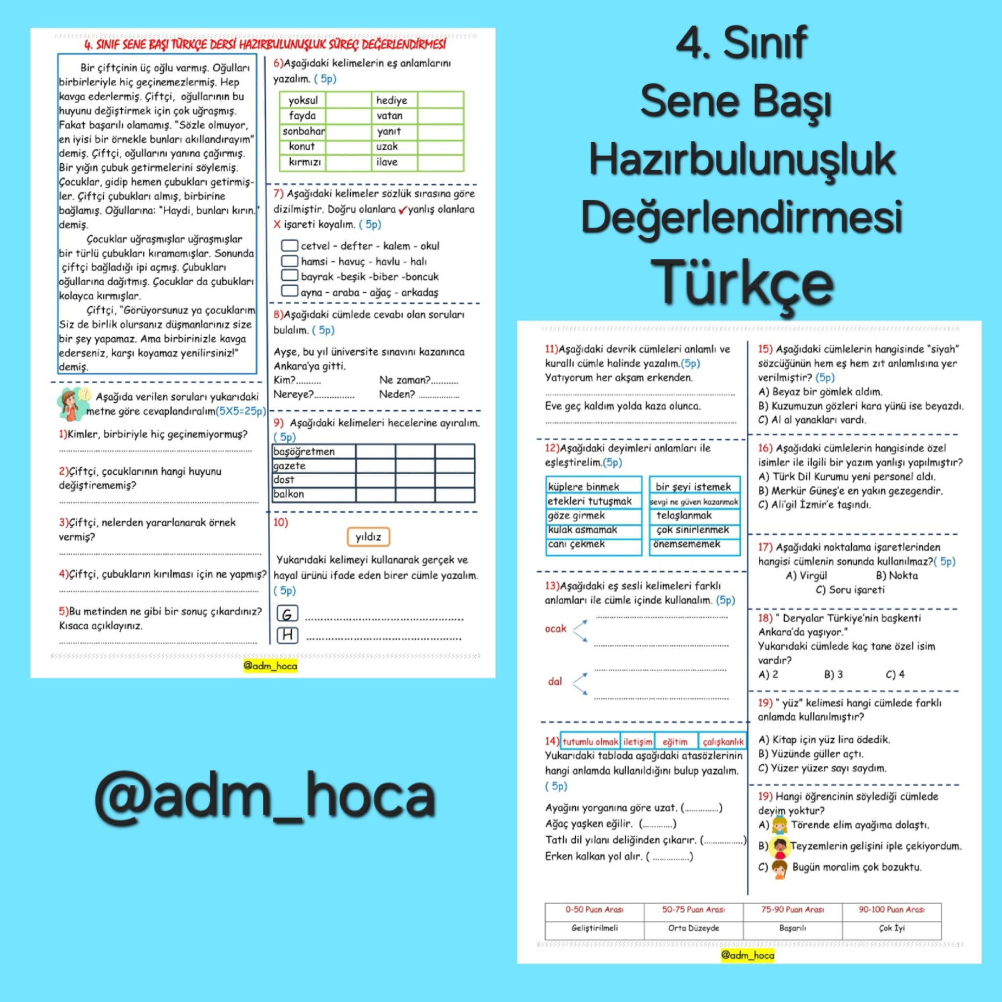 4. Sınıf Türkçe - Sene Başı Değerlendirme
