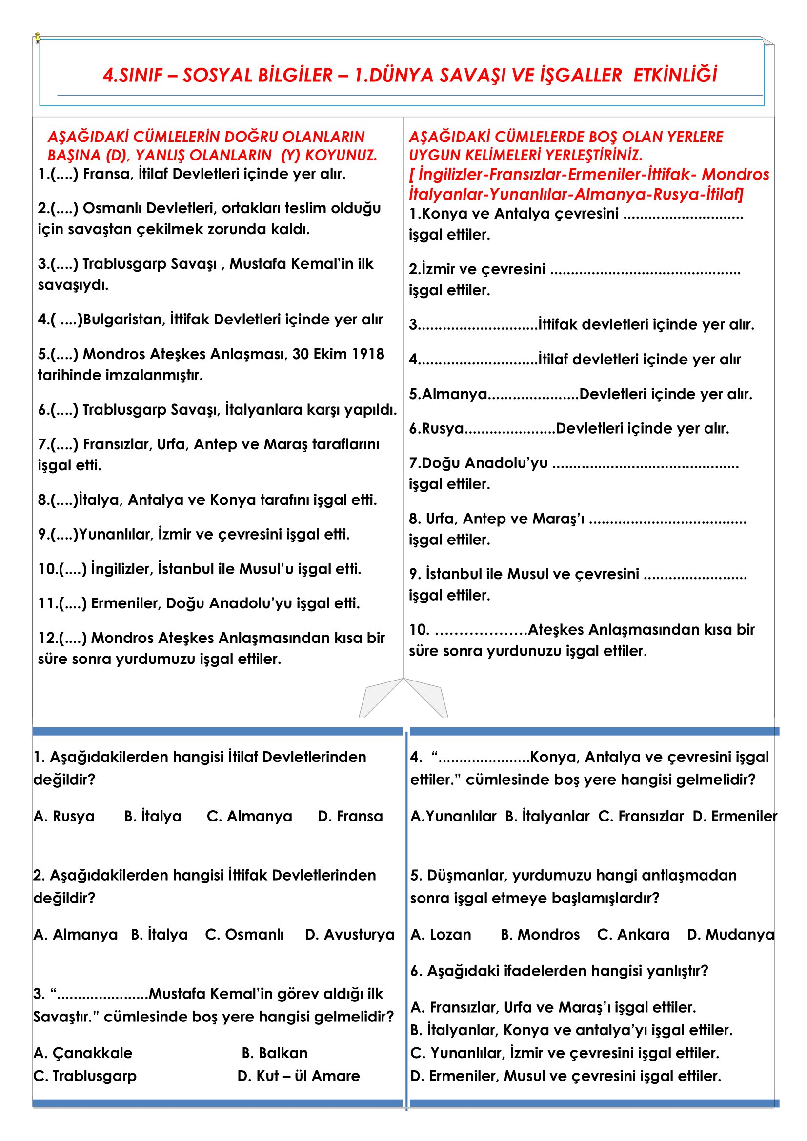 4. Sınıf - Sosyal Bilgiler - Kurtuluş Destanı ( 1.Dünya Savaşı ve İşgaller) Etkinliği
