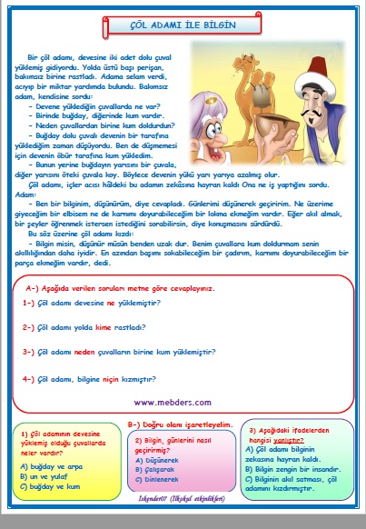 2. Sınıf Türkçe Çöl Adamı ile Bilgin Okuma Anlama Metin Çalışması 18